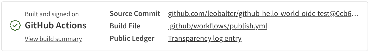 Screenshot showing provenance badge/information on a package page